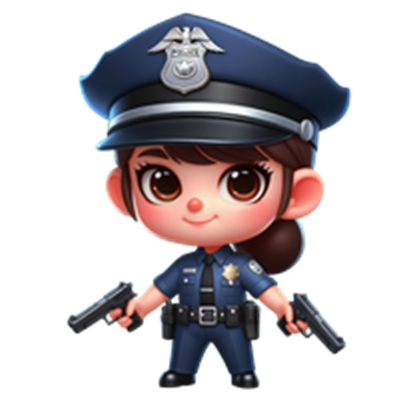 En chibi-stil politibetjent med to pistoler, iført uniform og hat.