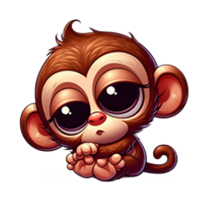 En charmerende, tegnet abe med store, udtryksfulde øjne og en nuttet attitude.