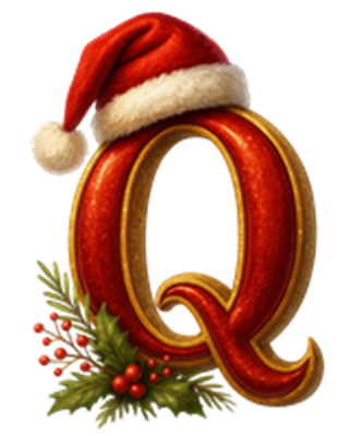 Et stort, dekorativt bogstav Q iført en rød nissehat, omgivet af julegrønne elementer.