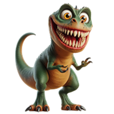 En farverig og humoristisk animeret dinosaur med store tænder og et venligt smil.