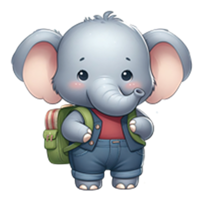 En nuttet, animeret elefant iført jeans og en rygsæk, klar til eventyr.