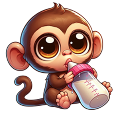 En tegneserieagtig abe, der drikker fra en sutteflaske, med store, udtryksfulde øjne.