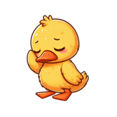 En tegneserieagtig, gul and med lukkede øjne og en charmerende positur.