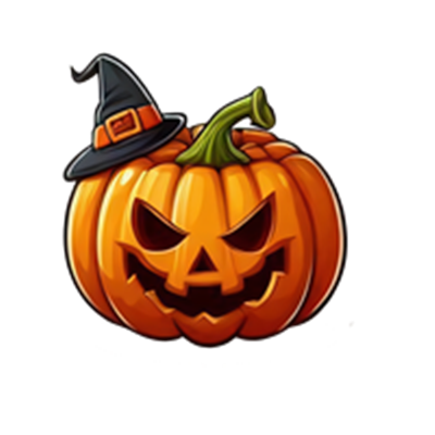 Et tegnet græskar med et skræmmende ansigt og en heksehue på toppen.