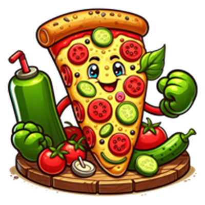 En farverig og glad pizza med ansigt, omgivet af friske grøntsager.