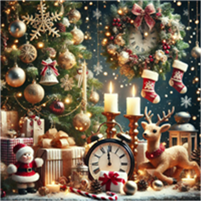 Et festligt julemiljø med en smukt pyntet juletræ, lys, gaver og dekorationer.