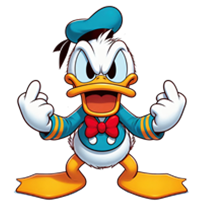 Et billede af en vred and med en blå hat og rød butterfly, der viser sine næver.