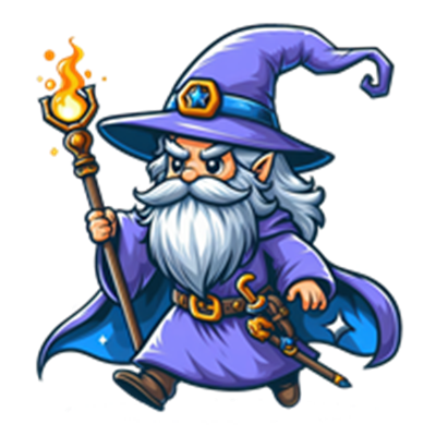 En farverig troldmand iført en lilla kappe og hat, bærende en tryllestav med flammer.