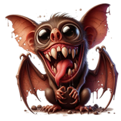 En fantasifuld flagermus med et stort smil, store øjne og en legesyg attitude.