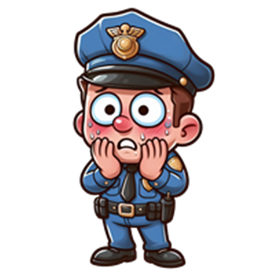 En nervøs og bange politibetjent med svedperler på panden.