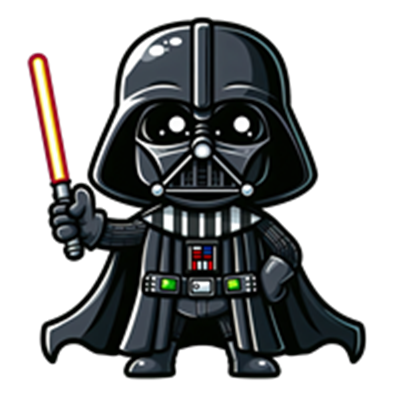 En sød, tegneserieagtig version af Darth Vader, der holder en rød lysaber.