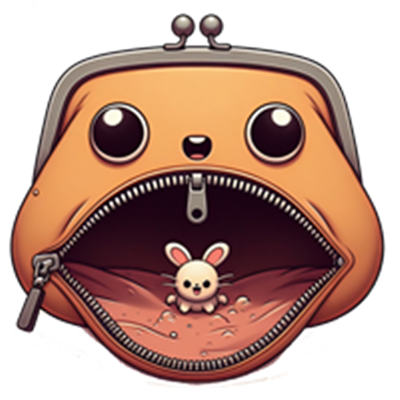 Et fantasifuldt billede af en pung med et ansigt, der åbner sig for at afsløre en lille kanin indeni.