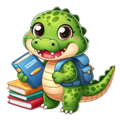 En sød, grøn dinosaur med rygsæk, der holder en bog og står ved siden af nogle bøger.