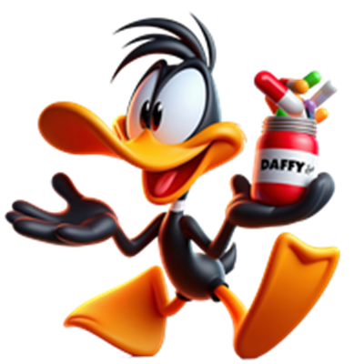 Daffy Duck står med et smil og holder en krukke med farver og pensler.