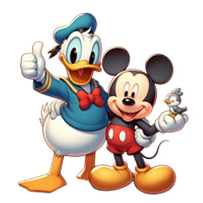 Mickey Mouse og Donald Duck står sammen med en lille fugl, smilende og glade.