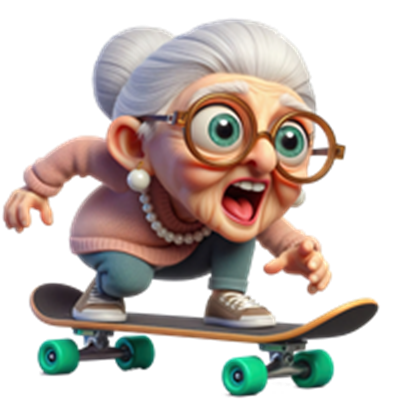 En energisk bedstemor, der skater på en skateboard, udtrykker spænding og glæde.