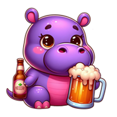 En sød, lilla flodhest med store øjne holder en ølkrus og en flaske øl.