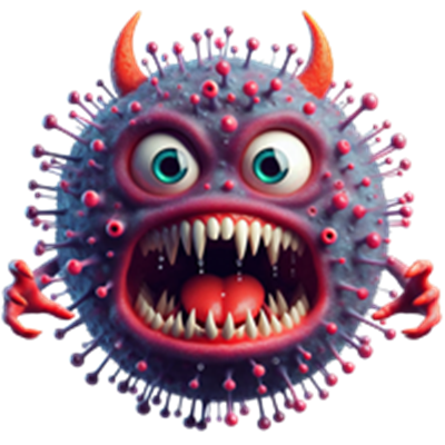 En farverig og skræmmende illustration af en virus med ansigt, skarpe tænder og horn.
