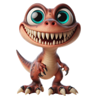 En farverig og venlig dinosaurfigur med store øjne og et stort smil.