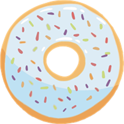 En illustreret donuts med en lys blå glasur og farverige drys på toppen.