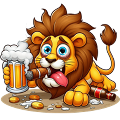 En cartoon-løve, der slapper af med en øl og cigarr, omgivet af snacks.