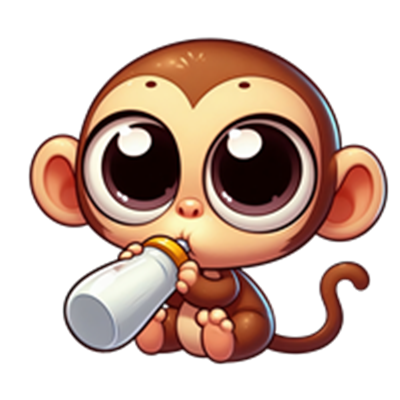 En nuttet, tegnet abe sidder og drikker fra en sutteflaske.