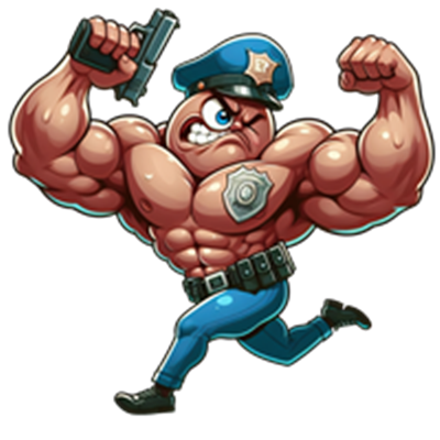 En tegneserieagtig, muskuløs politimand, der løber med en pistol i hånden.