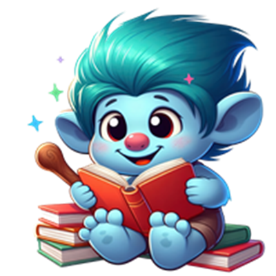 En sød, blåhåret figur sidder og læser en bog, omgivet af bøger og glitrende stjerner.