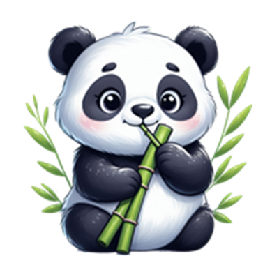 En nuttet panda sidder og spiller på en bambusfløjte omgivet af grønne planter.