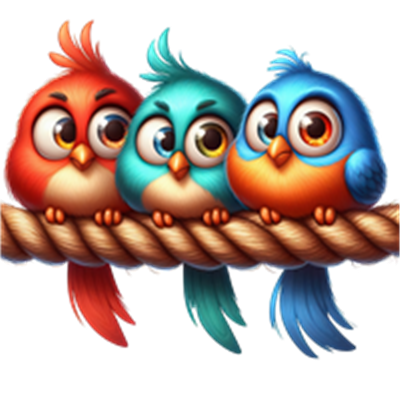 Tre søde, farverige fugle sidder på en snor, hver med unikke farver og udtryk.