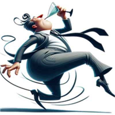 En stiliseret mand i jakkesæt, der nyder en cocktail, mens han danser.