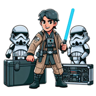 En ung helt med et lyssværd står foran to stormtrooper-soldater og kasser.