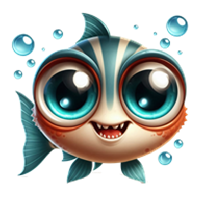 En farverig, cartoon-lignende fisk med store, udtryksfulde øjne og en glad mine, omgivet af bobler.