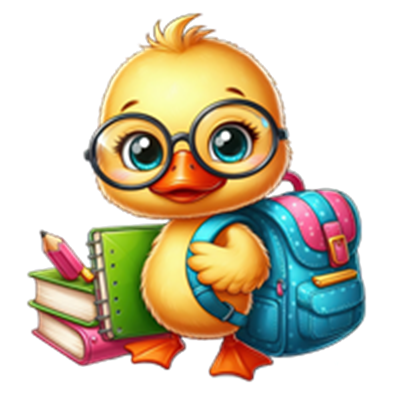 En farverig, tegnet kylling iført briller, der bærer en rygsæk og står ved bøger.