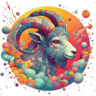 Et surrealistisk billede af en vædder med farverige horn, omgivet af abstrakte former og farver.