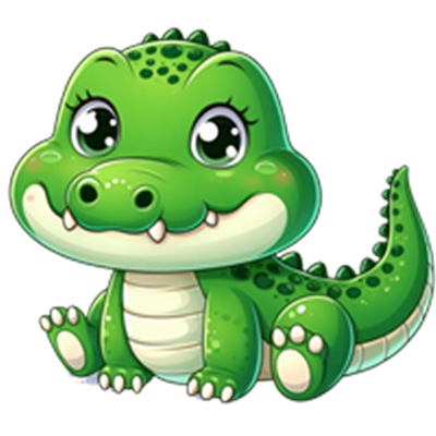 En charmerende, tegneserieagtig grøn dinosaur med store øjne og et venligt smil.