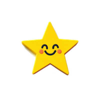 En glad, gul stjerne med et smilende ansigt og røde kinder.