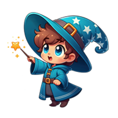 En sød, ung troldmand iført en blå hat med stjerner, der tryller med en stjerne stav.