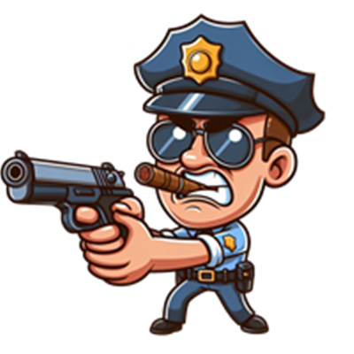 En tegneserieagtig politibetjent, der peger med en pistol og bærer solbriller.