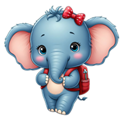 En farverig, tegneserieagtig elefant med en rød rygsæk og en rød sløjfe.