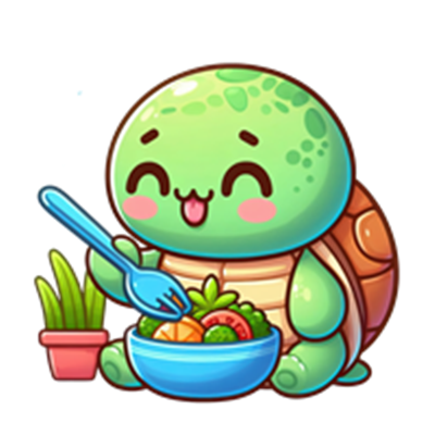 En glad skildpadde sidder og spiser en skål med farverig salat.