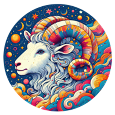 Et kreativt og farverigt billede af en vædder med stjerner og bølger i baggrunden.