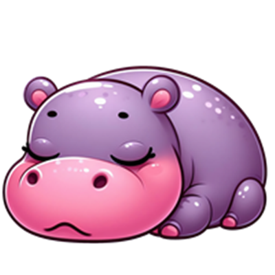 En sød, lilla flodhest, der ligger ned og sover, med lukkede øjne.