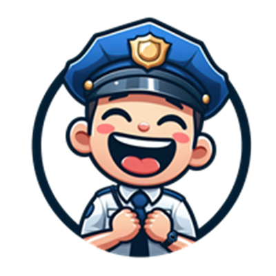 En tegneseriefigur af en glad politibetjent med blå uniform og en bredt smil.