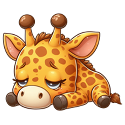 En sød og træt giraf, der ligger ned med lukkede øjne og et melankolsk udtryk.