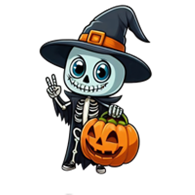 Et cartoon-agtigt skelet iført en sort hat og kappe, der holder et græskar.