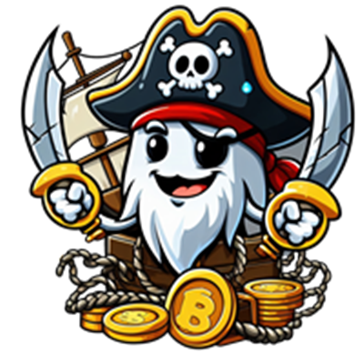 En tegneserieagtig pirat med øjenklap og sværd, omgivet af guldmønter.