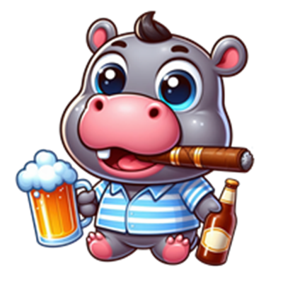 En sød, tegneserieagtig flodhest iført en stribet skjorte, der nyder en øl og ryger en cigar.