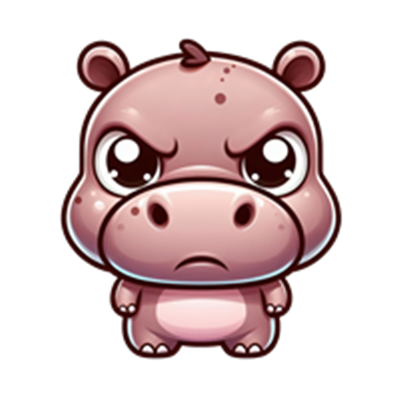 Et cartoon-lignende billede af en flodhest med et surt ansigt og store øjne.