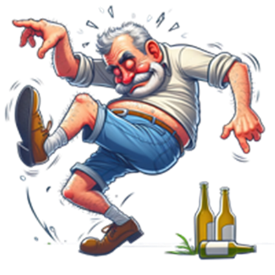En humoristisk illustration af en gammel mand, der danser med en flaske øl ved siden af.
